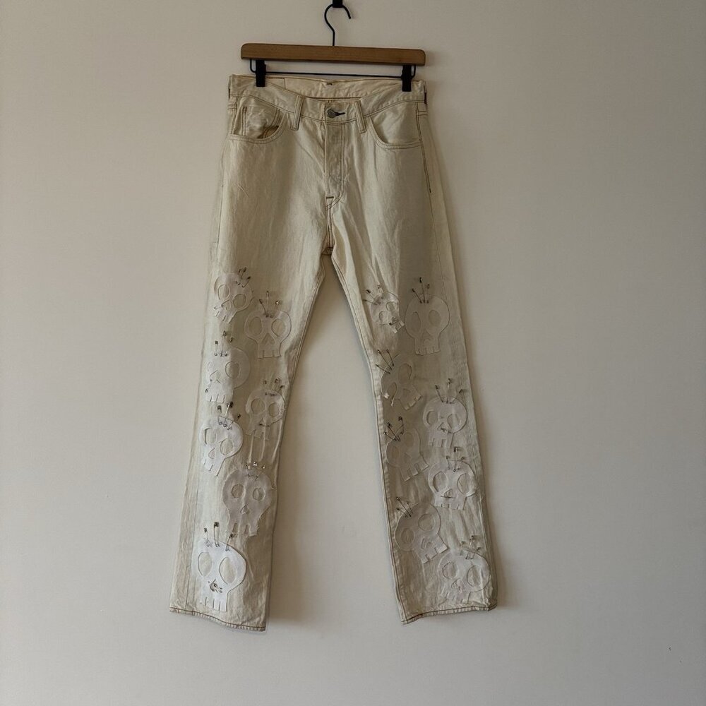 Levi’s Up Cycled Jeans Bleached Skulls Safety Pins Men’s‎ Size 30x32 Grunge